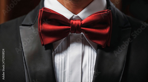 A gentleman adorned in a sleek black suit paired with a vibrant red bow tie