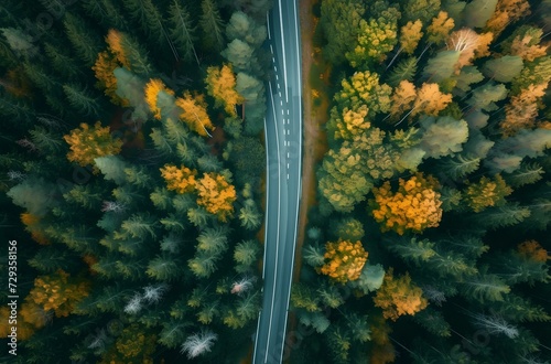 Forest Embrace - Aerial Shot of a Road Winding through the Enchanting Woods, Dark Teal and Amber Palette © AgungRikhi