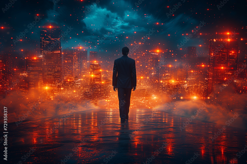 man in a business suit looks at the city filled with the lights of digital technologies