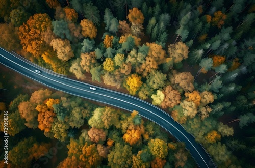 Highway Enigma - Aerial View of a Tree-Lined Highway in the Mystical Style of Rhad