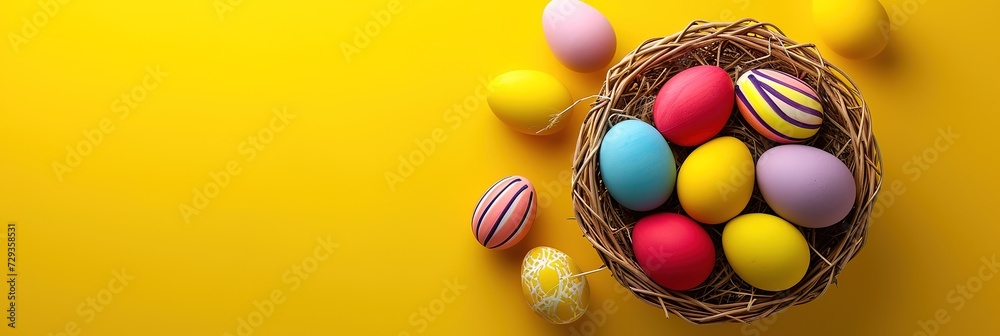 Colorful Easter Eggs in Basket on Yellow Background. Happy Easter Concept. Copy Space Available.
