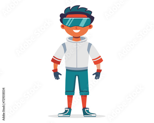 technology vr virtual reality kid  vector.  headset device, tech modern, digital entertainment technology vr virtual reality kid character. people flat cartoon illustration
