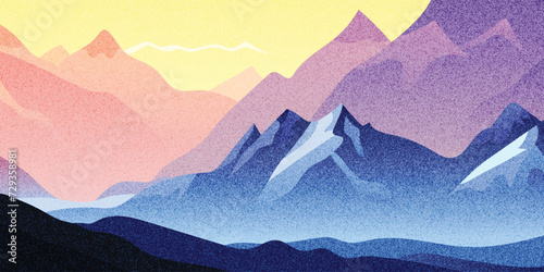 Sunrise in the mountains, morning haze and fog, noise pattern, pointillism, vector illustration
