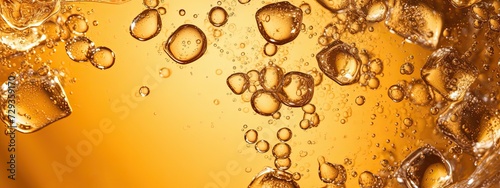 a glas of light light yellow brown soda, with alot of bubbles and smal fizzes and couple of ice cubes. Zoomed in so we see the top half of the glas, Perspective zoomed in on surface, from slighty abov
