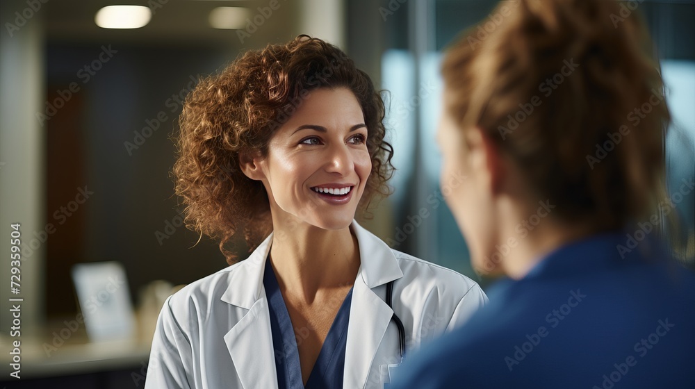 Female physician gesturing while talking with coworker at hospital