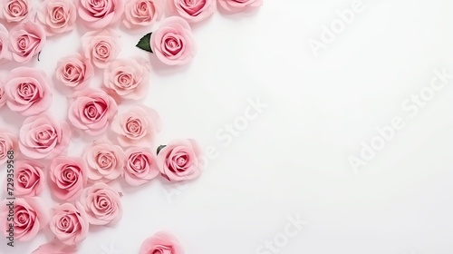 Festive flower English rose composition on the white background. Overhead top view, flat lay. Copy space. Birthday, Mother's, Valentines, Women's, Wedding Day concept