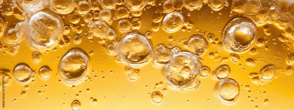 a glas of light light yellow brown soda, with alot of bubbles and smal fizzes and couple of ice cubes. Zoomed in so we see the top half of the glas, Perspective zoomed in on surface, from slighty abov