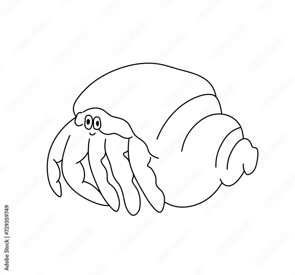 Fototapeta premium Vector isolated one single hermit crab in the shell colorless black and white contour line easy drawing