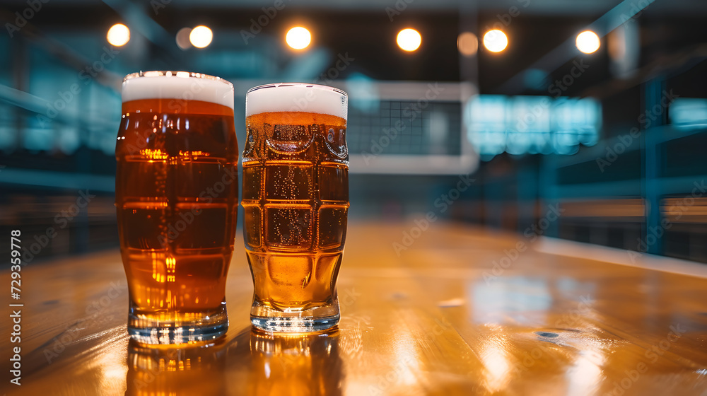 Cinematic wide angle photograph of two beer pint glass Cinematic wide angle photograph of a beer pint glass at a volleyball stadium. Product photography. Product photography. - obrazy, fototapety, plakaty 