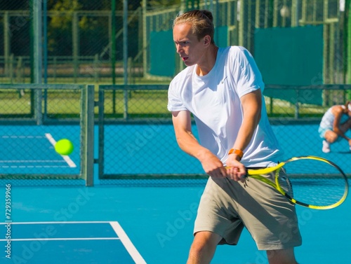 Tennis player playing tennis on a hard court on a bright sunny day 