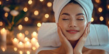 Asian young woman in spa salon relaxing after taking massage treatment with her eyes closed. Care about yourself beauty treatment procedures concept. Body skin and hair care