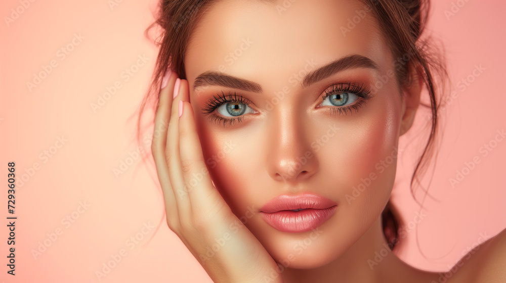 Fototapeta premium A stunning beauty model showcasing flawless makeup and elegant nail care
