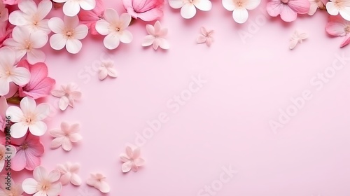Flowers composition. Frame made of pink flowers on pastel pink background. Valentines day, mothers day, womens day concept. Flat lay, top view, copy space © Tahir
