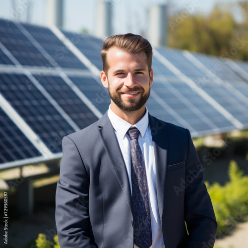 Handsome solar power and green energy young man consultant standing in front of solar panels.  © Andrei