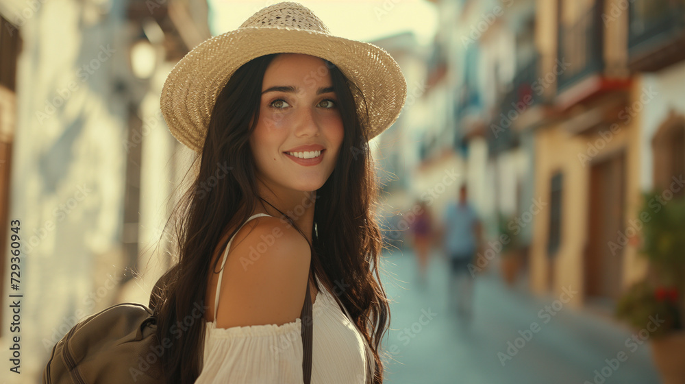 Attractive young female tourist happy and smiling while traveling the world, wearing a straw hat. Summer feeling and good vibes. 