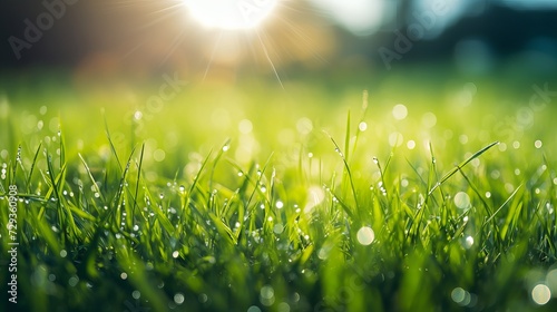 Fresh morning dew on a spring grass in early morning. Sunny day concept. Natural background