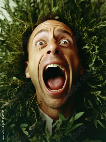 Man Screaming Surrounded by Greenery