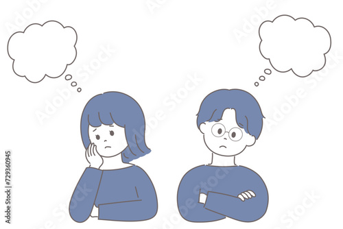 考え事をして頭からもやが出ている男女のイラスト
