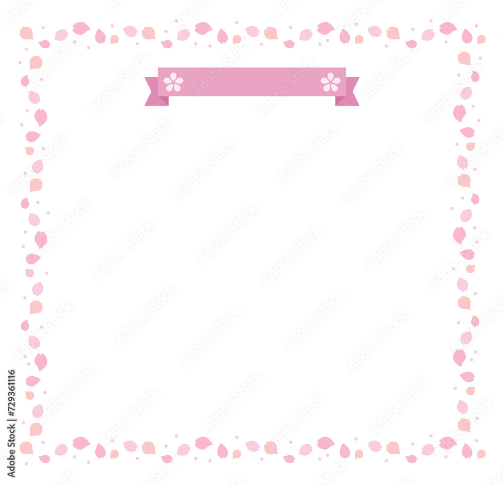 A border frame illustration background with a ribbon and surrounded by pink cherry blossom petals, a representative flower of spring.