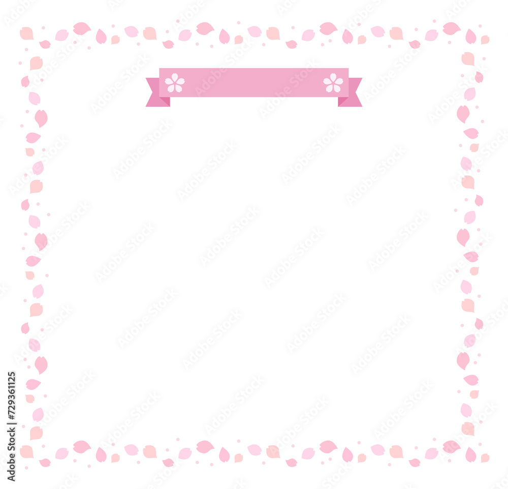 A border frame illustration background with a ribbon and surrounded by pink cherry blossom petals, a representative flower of spring.