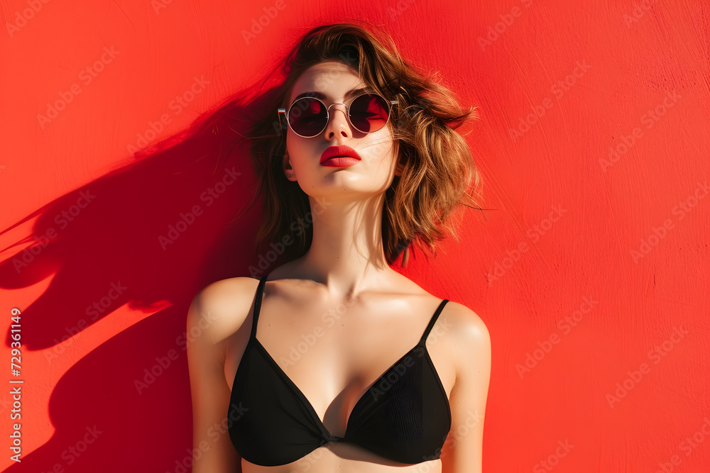 sexy Beautiful young woman in tank swimsuit on red background sexy Beautiful young woman in tank swimsuit on red background