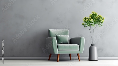 Green armchair between dandelion and plant in living room interior with copy space and grey painting © Tahir