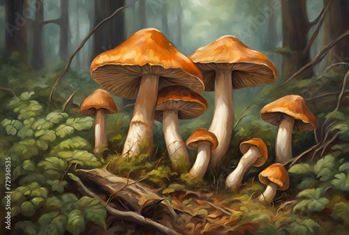Wild Mushrooms Growing in the Forest Nature Illustration 