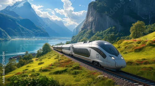 modern train passes through a meadow with mountains in the background. future train with natural scenery as a background. Ai generated photo