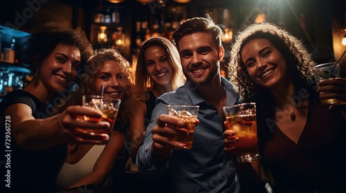 Group of friends partying in a nightclub and toasting drinks. Happy young people with cocktails at pub