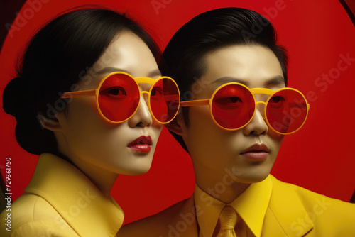 Fashionable Asian Couple in Yellow with Sunglasses