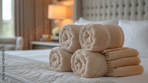 Towels on bed in hotel room, closeup. Interior design
