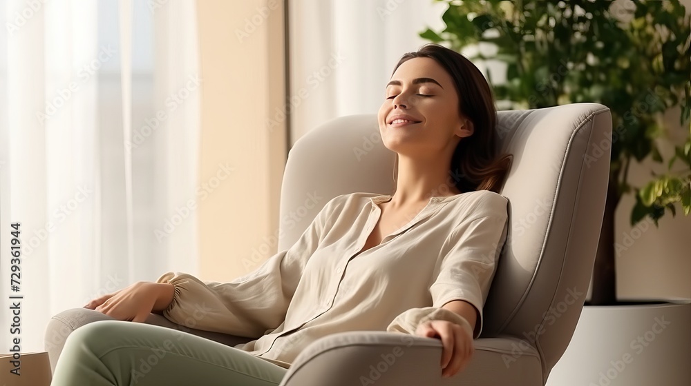 Happy millennial Caucasian girl sit rest in armchair in living room stretch relieve negative emotions, smiling young woman do morning exercise, rest in comfortable chair at home, stress