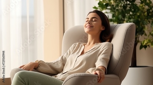 Happy millennial Caucasian girl sit rest in armchair in living room stretch relieve negative emotions, smiling young woman do morning exercise, rest in comfortable chair at home, stress