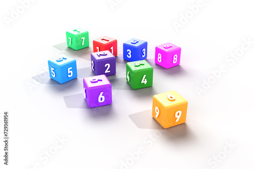 3d render cubes and numbers on it. numbers on 3d cubes. colored cubes and numbers 1-9