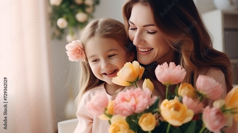 Happy mother's day! Child daughter congratulates mom and gives her flowers. Mum and girl smiling and hugging. Family holiday and togetherness. Happy mother's day! Child daughter congratulates mom and gives her flowers. Mum and girl smiling and hugging. Family holiday and togetherness.