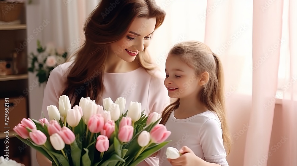 Happy mother's day! child daughter congratulates mother and gives a bouquet of flowers to tulips Happy mother's day! child daughter congratulates mother and gives a bouquet of flowers to tulips