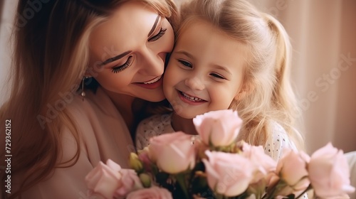 Happy mother's day! Child daughter congratulates mom and gives her flowers. Mum and girl smiling and hugging. Family holiday and togetherness.