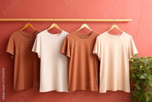 Clothes rack with a variety of dresses in neutral colors, isolated on a beige background. Dresses on hangers. Clothing store.
