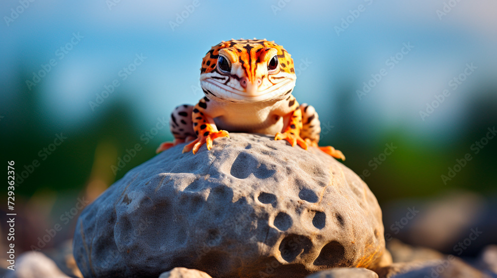 a geckole sitting on a rock with a blue background