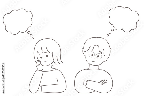 考え事をして頭からもやが出ている男女のイラスト