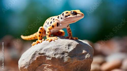 a geckole sitting on a rock with a blue background photo