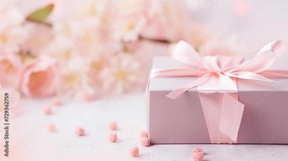 Happy womens day lettering greeting card. Gift box with pink ribbon dry pink flowers. Bright light pastel concept. Woman Happy womens day lettering greeting card. Gift box with pink ribbon dry pink flowers. Bright light pastel concept. Woman