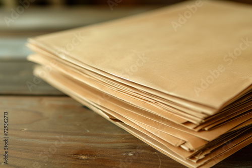 Stack of craft paper sheets on a wooden table, showcasing eco-friendly material and rustic creativity for art and design projects, against a natural, textured background