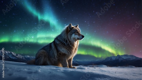 White wolf sitting in the snow against the backdrop of the starry sky and aurora borealis