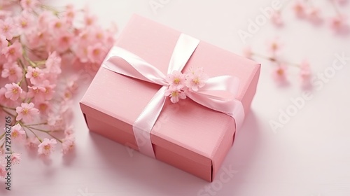 Happy womens day lettering greeting card. Gift box with pink ribbon dry pink flowers. Bright light pastel concept. Woman © Tahir