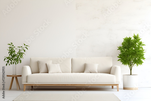 modern living room with sofa and plants, pastel colors