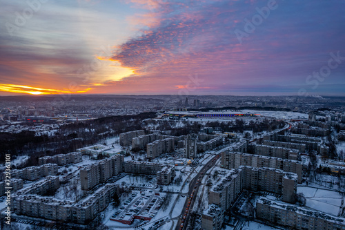 Aerial winter morning view of beautiful clouds sky in Fabijoniškės and Šeškinė district in Vilnius, Lithuania