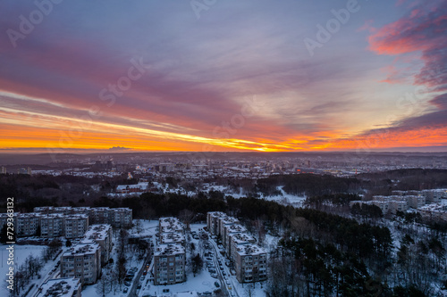 Aerial winter morning view of beautiful clouds sky in Fabijoni  k  s and   e  kin   district in Vilnius  Lithuania