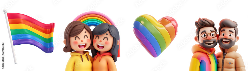 Broad Set of LGBT Pride Signs and Couples: Heart, Rainbow, Flag, Gay Couple, Lesbian Couple in a Plain Cartoon 3D Illustration Render Character, Isolated on Transparent Background, PNG