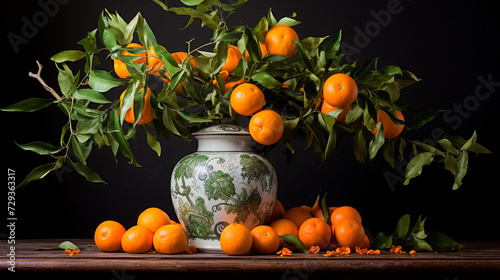 a vase with oranges and a plate with flowers